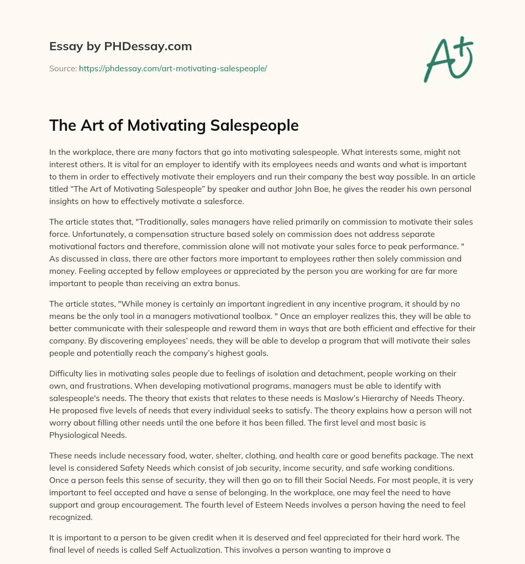 The Art of Motivating Salespeople essay