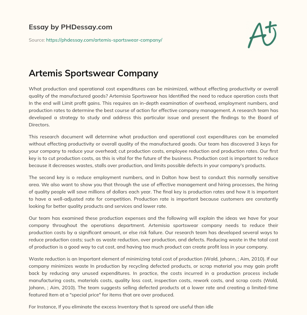 Artemis Sportswear Company essay