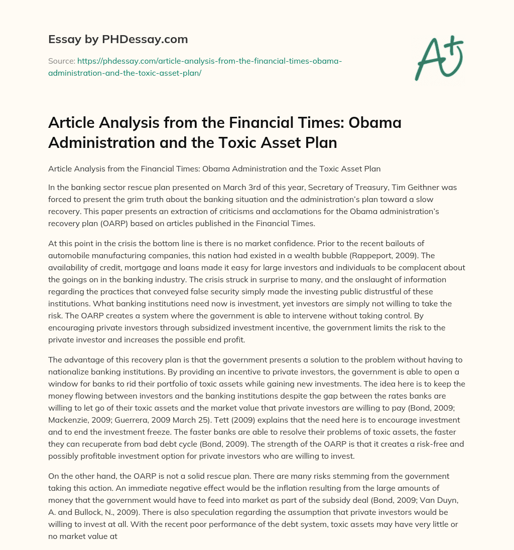 Analysis of Criticisms and Acclamations for Obama’s Banking Sector Rescue Plan essay