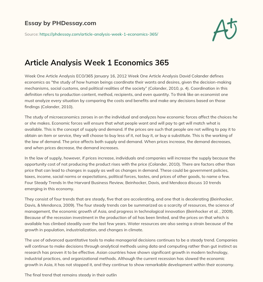 Article Analysis Week 1 Economics 365 essay