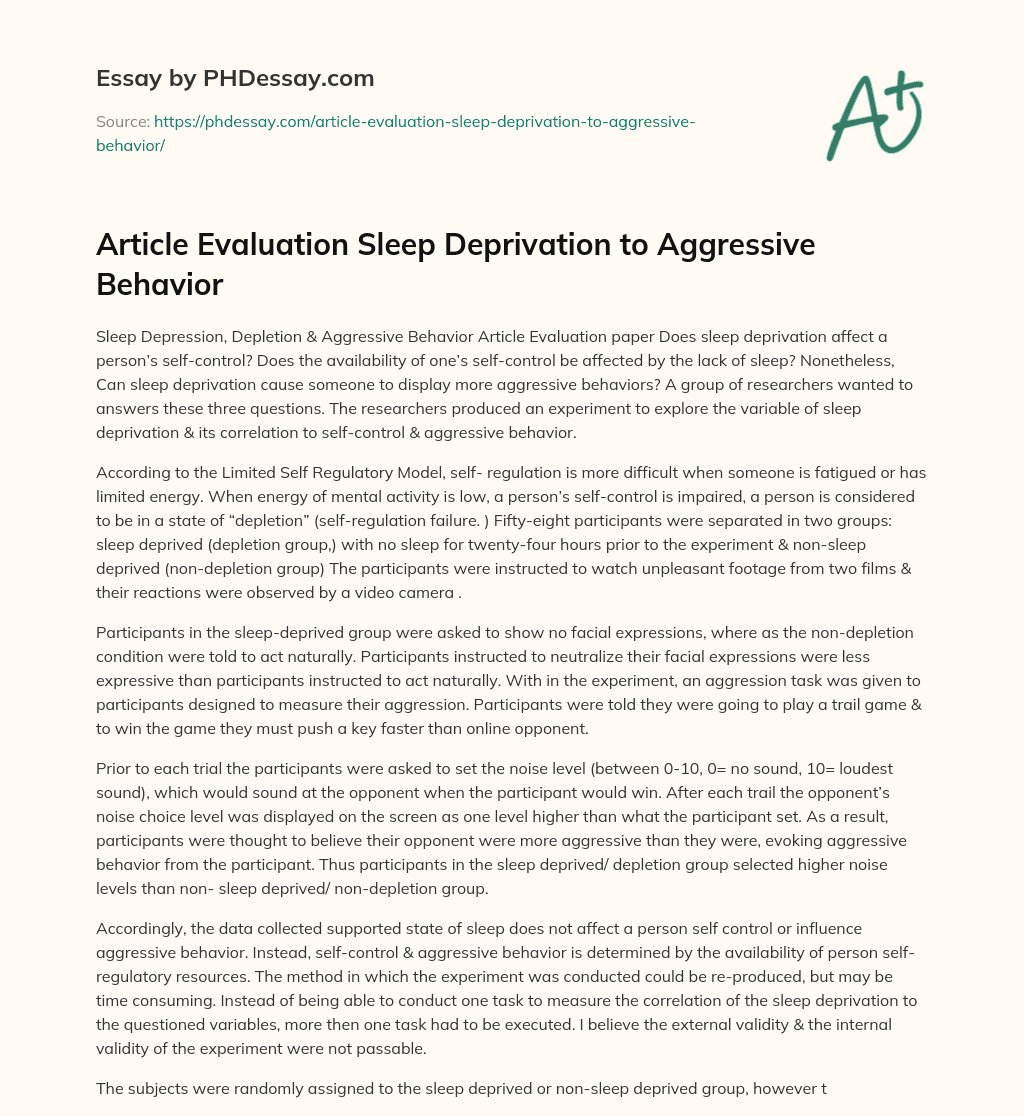 Article Evaluation Sleep Deprivation to Aggressive Behavior essay