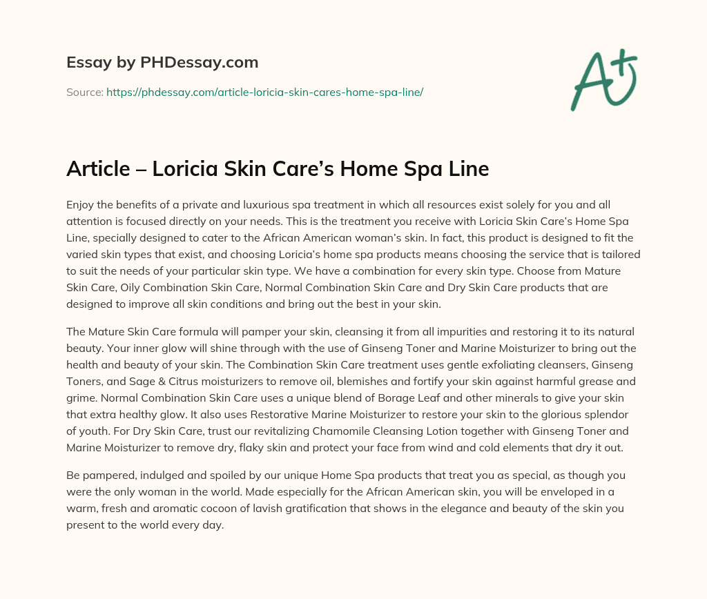 Article – Loricia Skin Care’s Home Spa Line essay