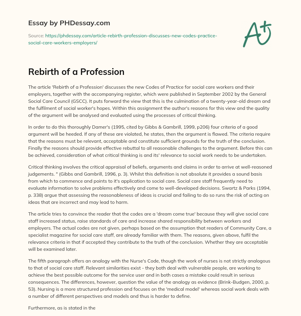 Rebirth of a Profession essay