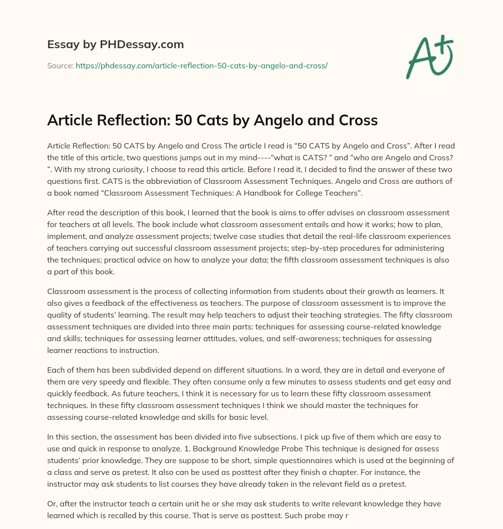 Article Reflection: 50 Cats by Angelo and Cross essay