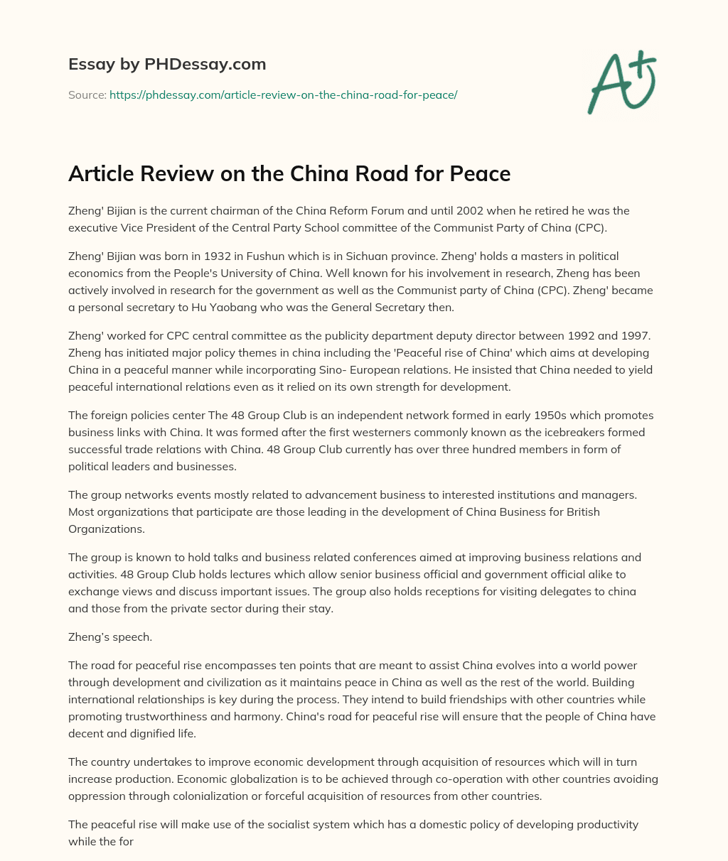 Article Review on the China Road for Peace essay