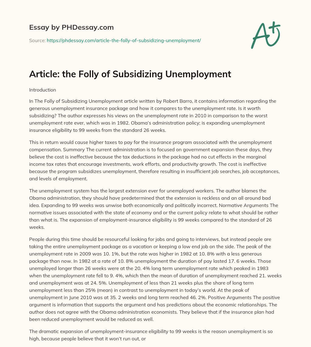 Article: the Folly of Subsidizing Unemployment essay