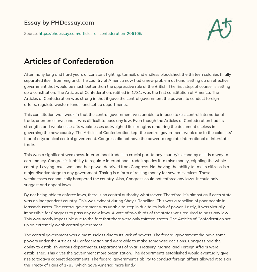 Articles of Confederation essay