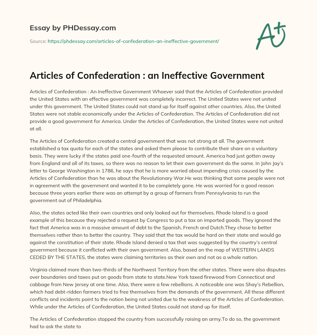 Articles of Confederation : an Ineffective Government essay