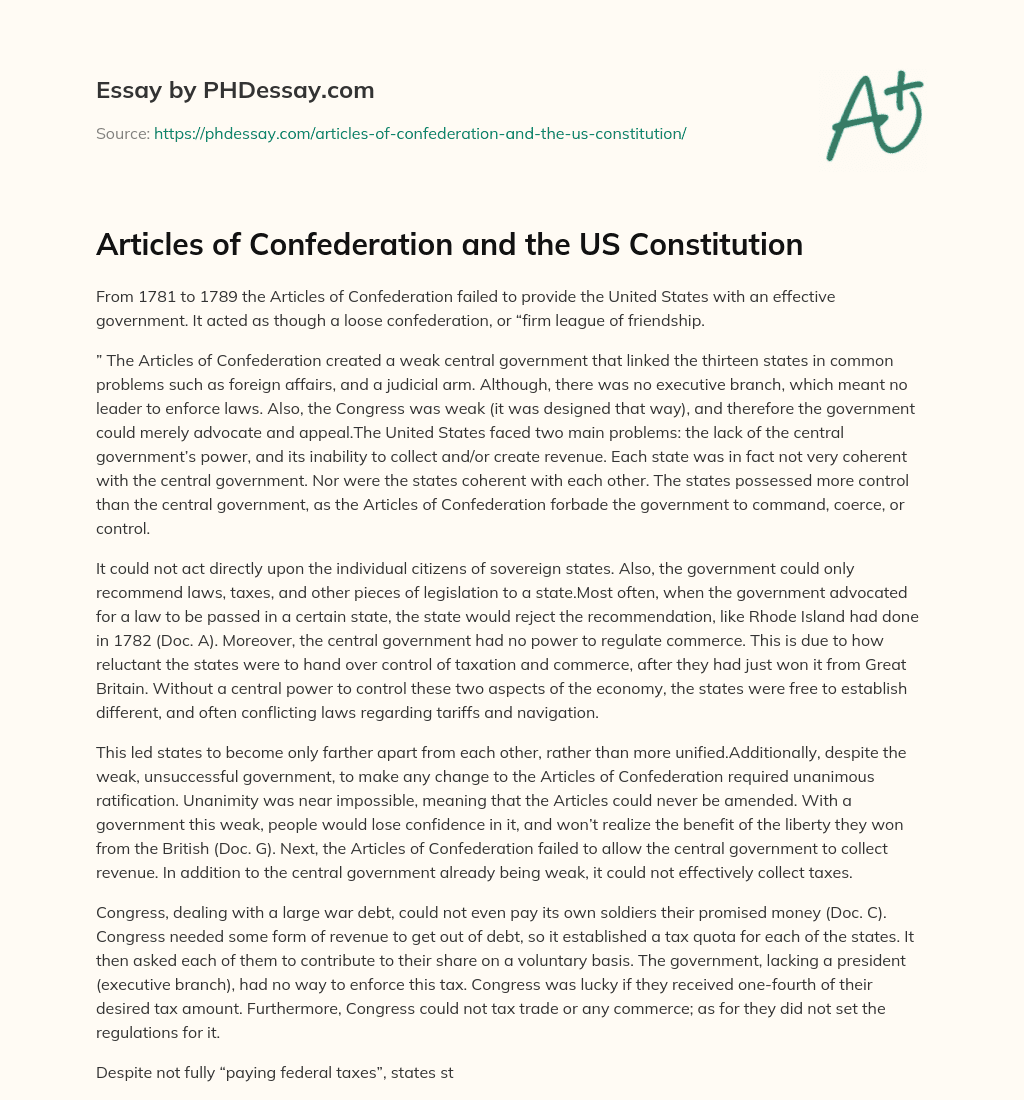 Articles of Confederation and the US Constitution essay