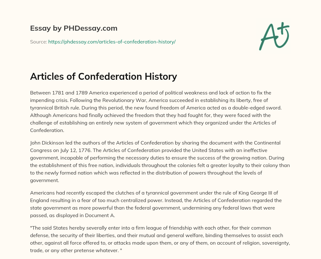 an essay about articles of confederation