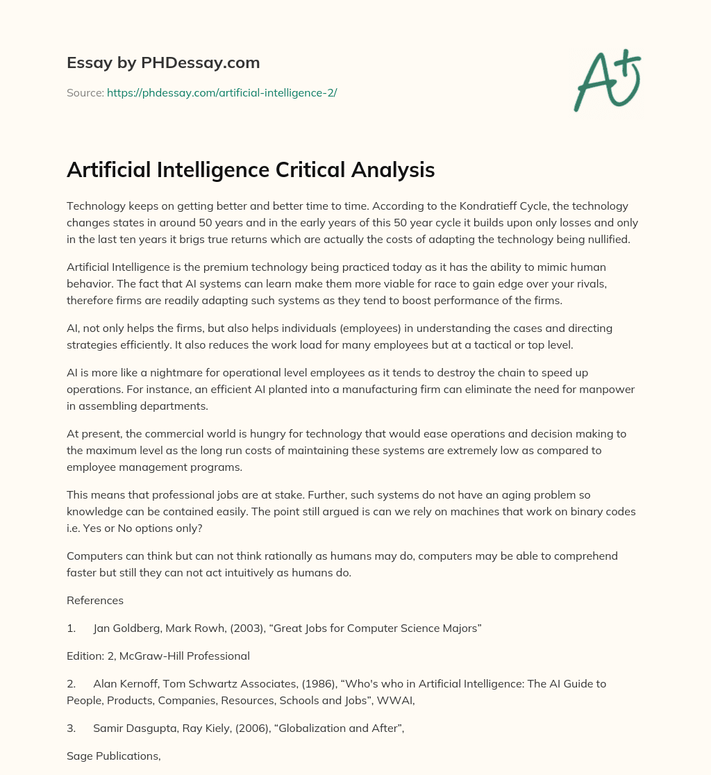 Artificial Intelligence Critical Analysis essay