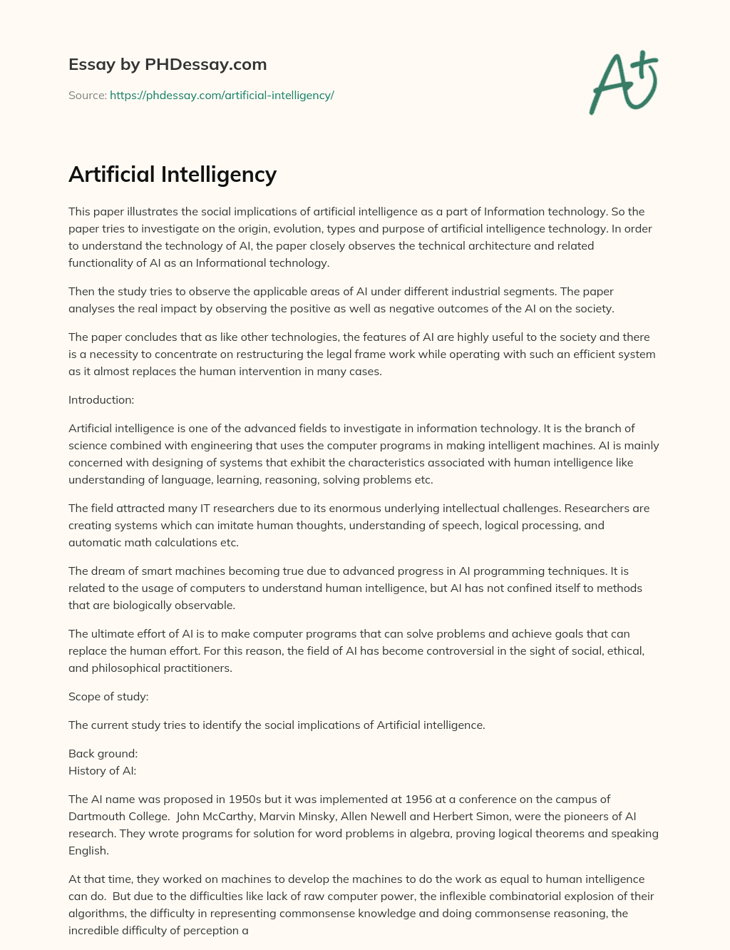 Social Implications of Artificial Intelligence in Information Technology essay