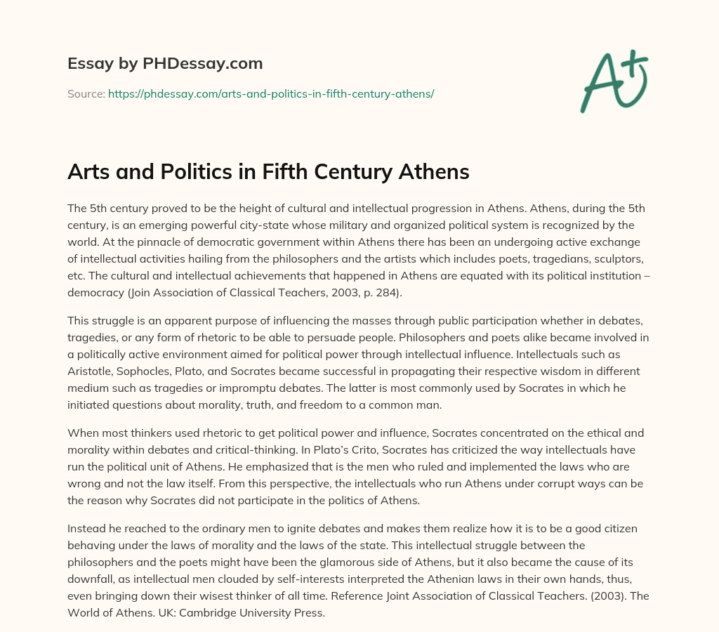 Arts and Politics in Fifth Century Athens essay