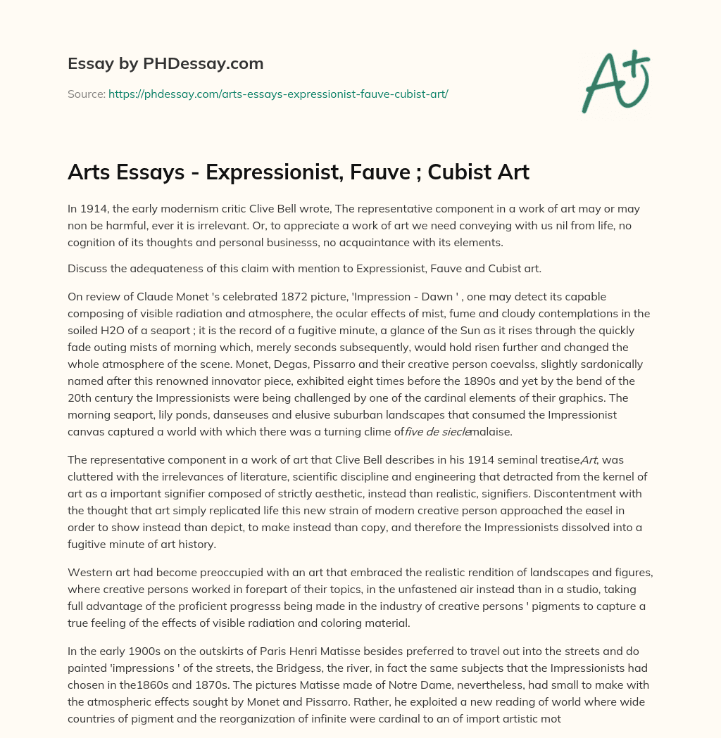 Arts Essays – Expressionist, Fauve ; Cubist Art essay