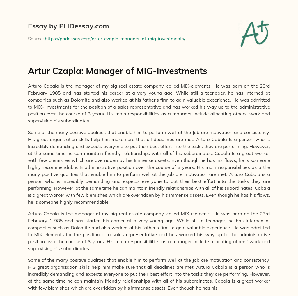 Artur Czapla: Manager of MIG-Investments essay