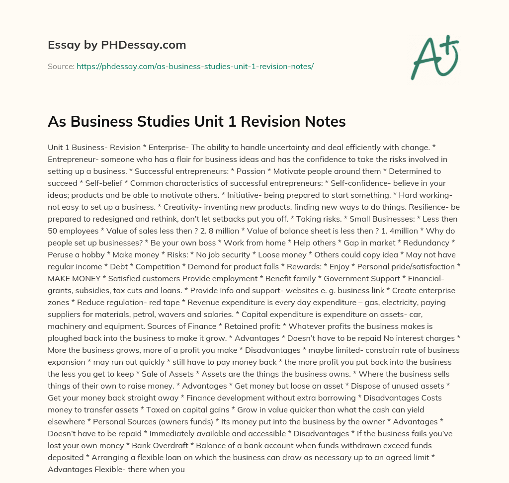 As Business Studies Unit 1 Revision Notes essay