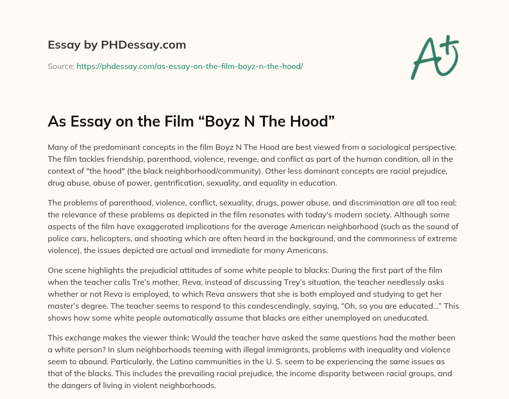 As Essay on the Film “Boyz N The Hood” essay