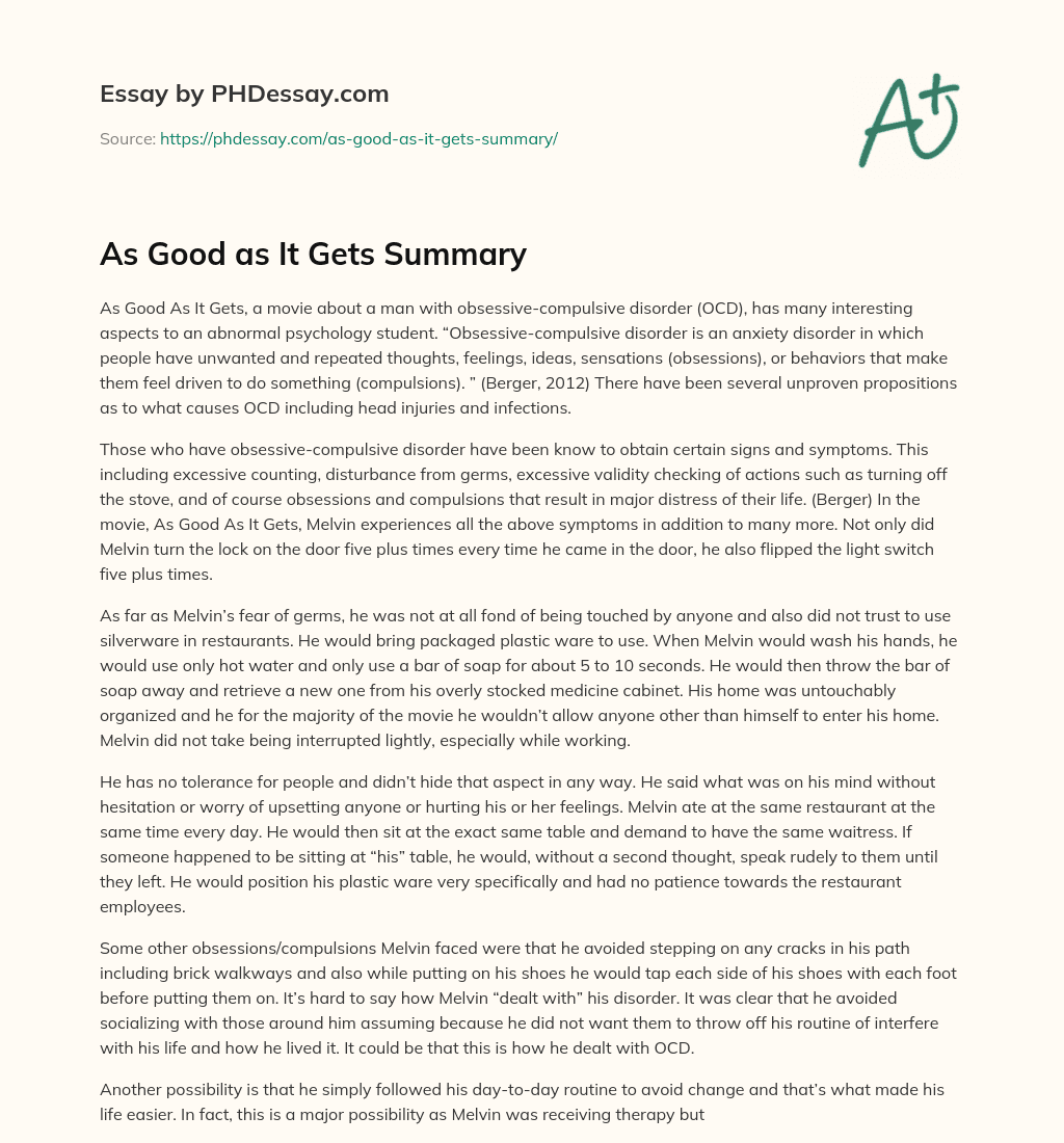 As Good as It Gets Summary essay