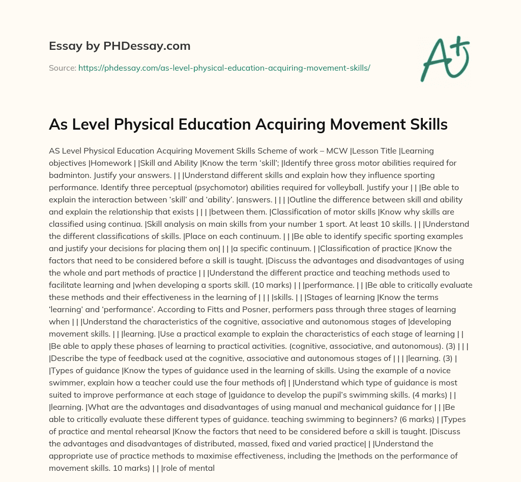 As Level Physical Education Acquiring Movement Skills essay