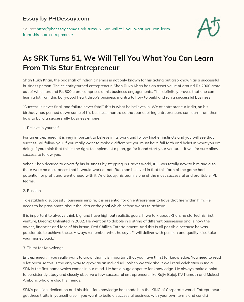As SRK Turns 51, We Will Tell You What You Can Learn From This Star Entrepreneur essay
