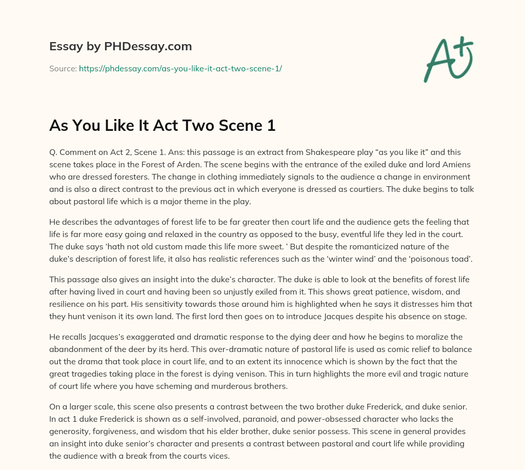 As You Like It Act Two Scene 1 essay