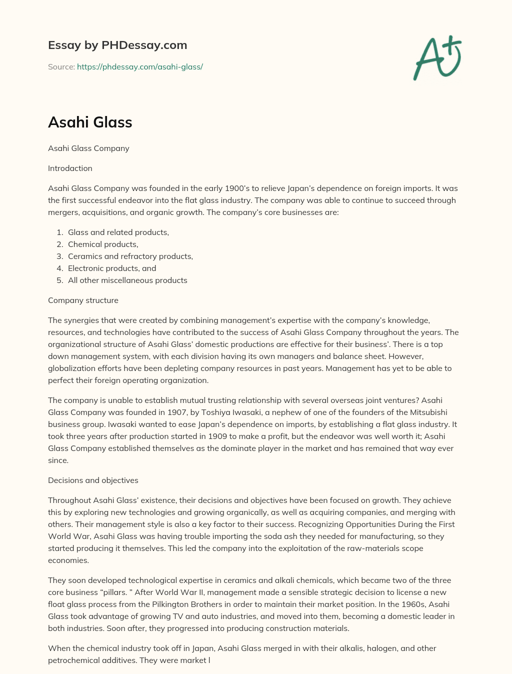 Asahi Glass Company: A Successful Flat Glass Industry Pioneer with Globalization Challenges essay