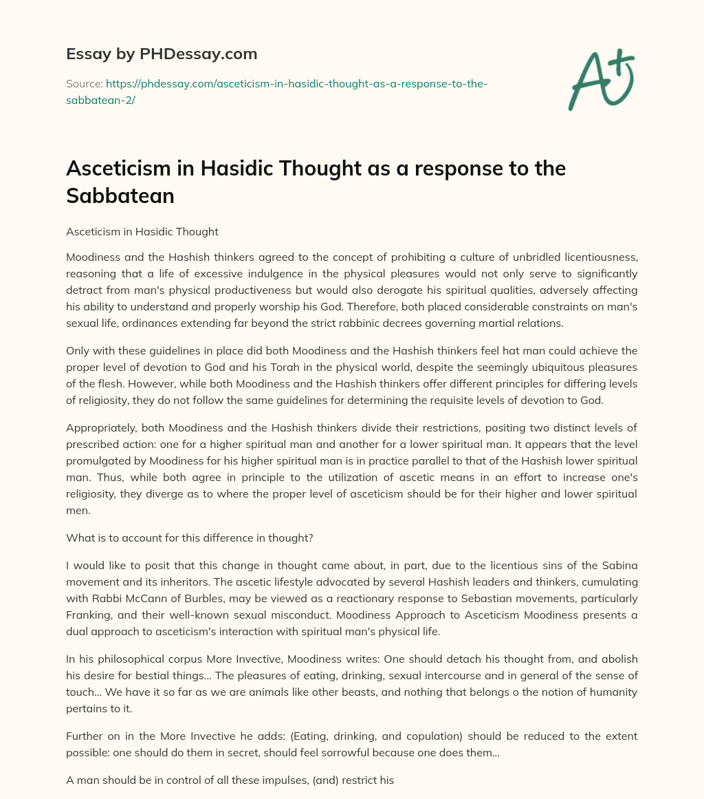 Asceticism in Hasidic Thought as a response to the Sabbatean essay