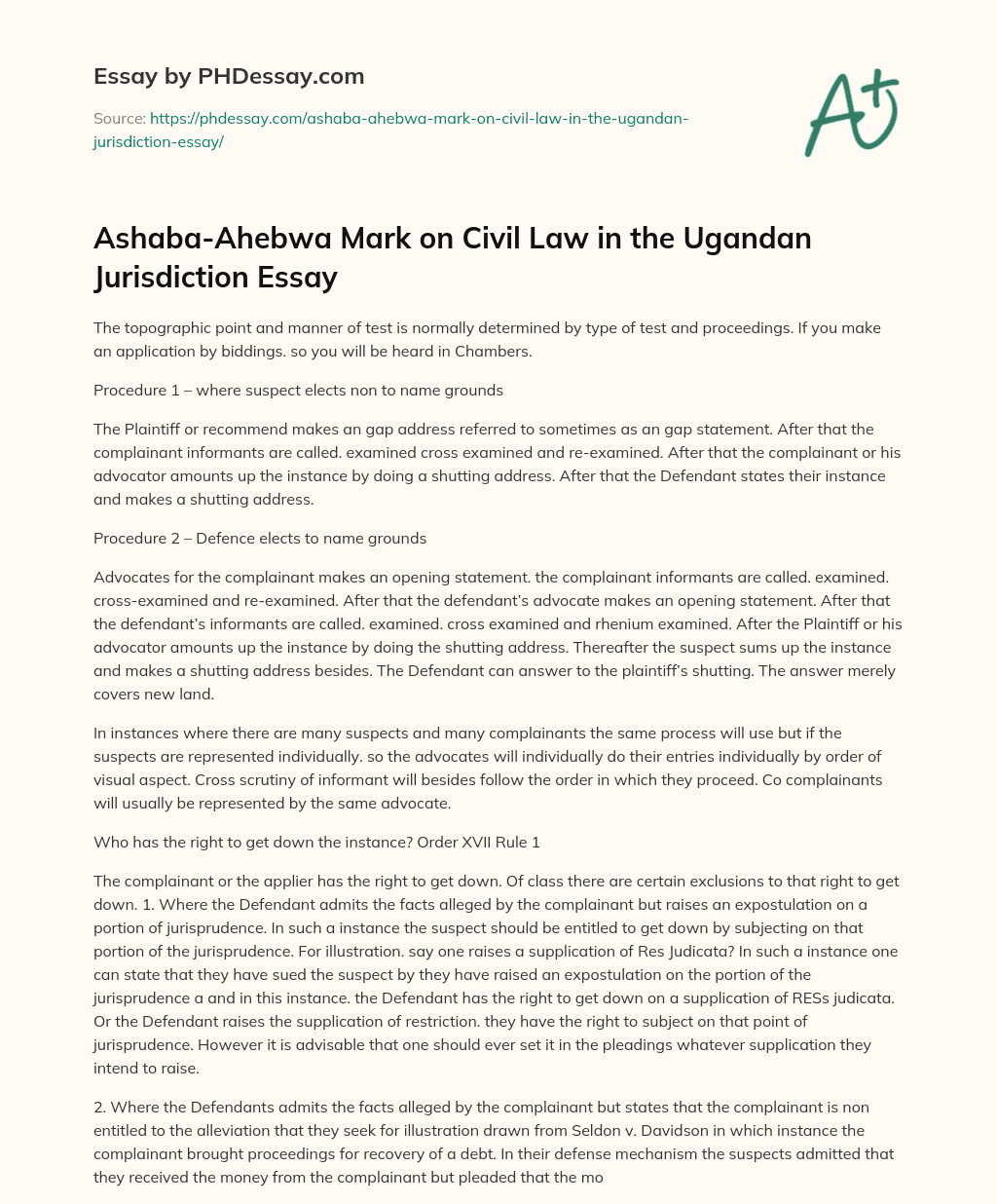 Ashaba-Ahebwa Mark on Civil Law in the Ugandan Jurisdiction Essay essay