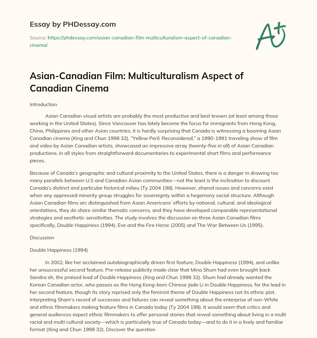 Asian-Canadian Film: Multiculturalism Aspect of Canadian Cinema essay