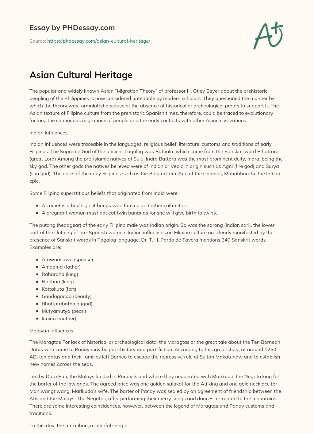 Asian Cultural Heritage essay