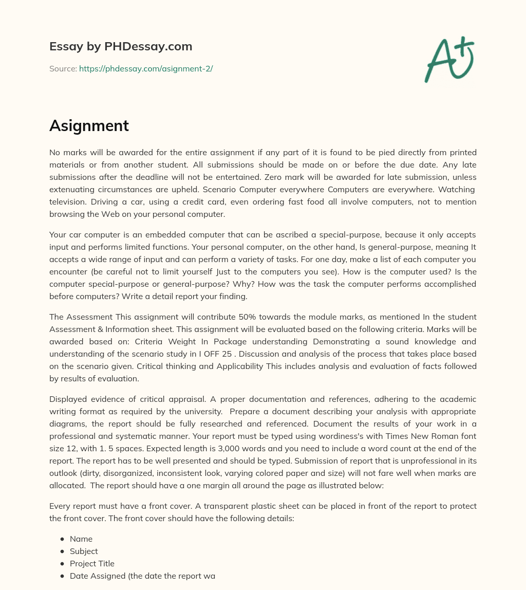 Importance of Original Work and Submission Guidelines for Computer Assignment essay