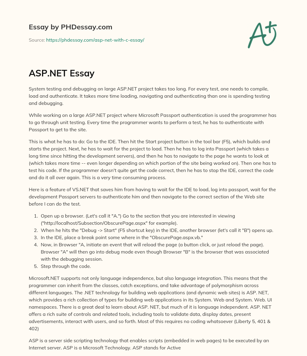 System Testing and Debugging on Large ASP.NET Projects is Time-Consuming essay