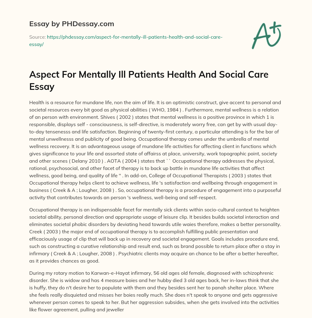 Aspect For Mentally Ill Patients Health And Social Care Essay essay