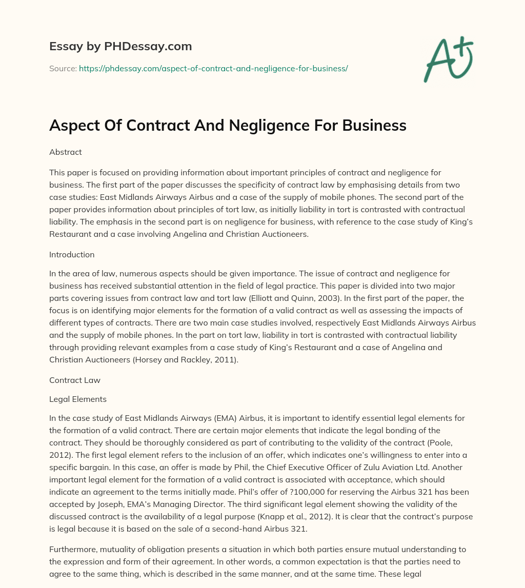 Aspect Of Contract And Negligence For Business essay