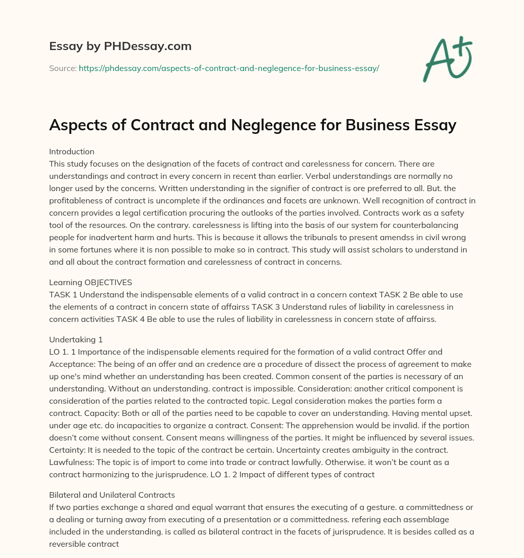 Aspects of Contract and Neglegence for Business Essay essay