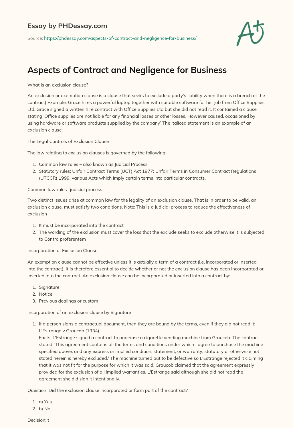 Aspects of Contract and Negligence for Business essay