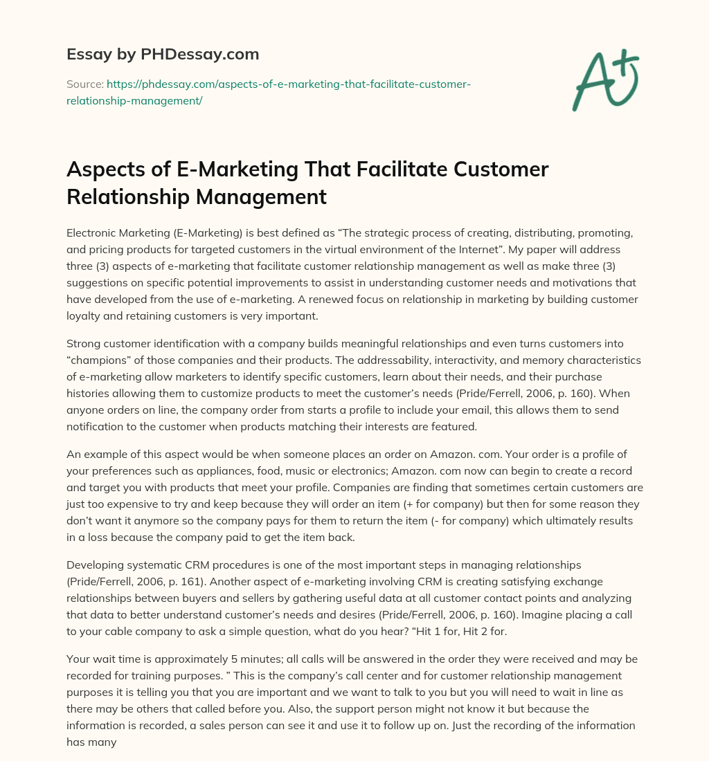 Aspects of E-Marketing That Facilitate Customer Relationship Management essay
