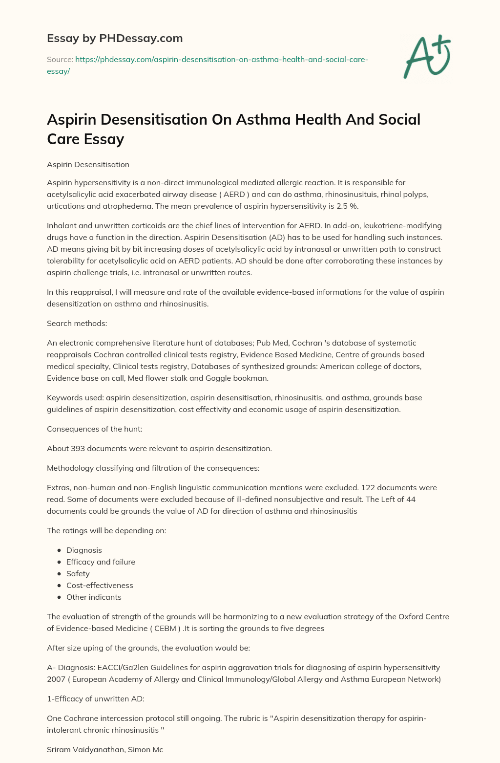 Aspirin Desensitisation On Asthma Health And Social Care Essay essay