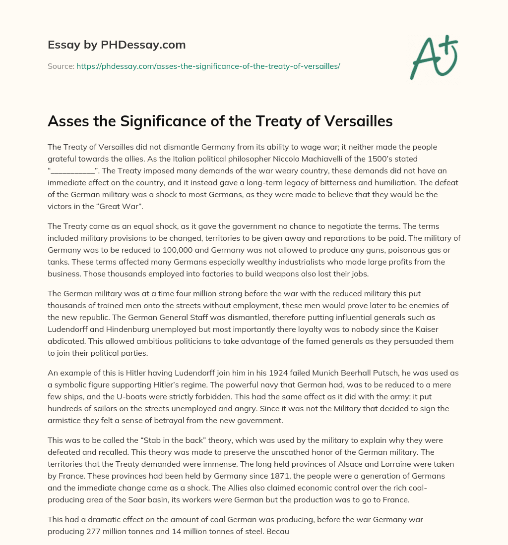 Asses the Significance of the Treaty of Versailles essay