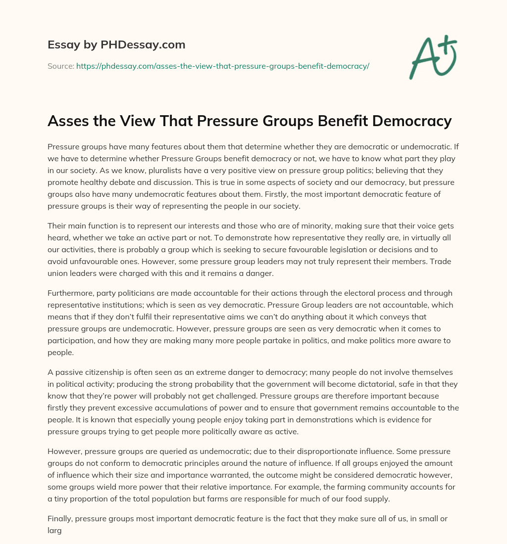 Asses the View That Pressure Groups Benefit Democracy essay