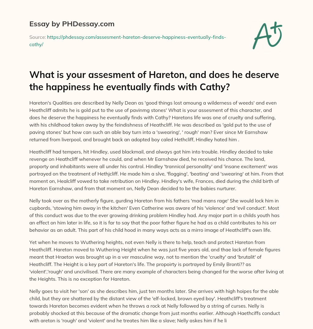 Assessing Hareton’s Character and His Deserved Happiness with Cathy essay