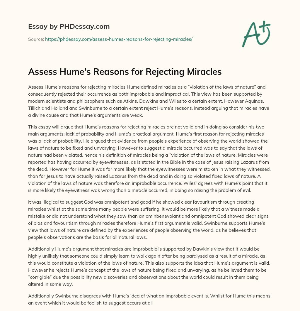 Assess Hume’s Reasons for Rejecting Miracles essay