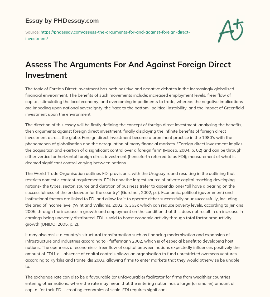 Assess The Arguments For And Against Foreign Direct Investment essay