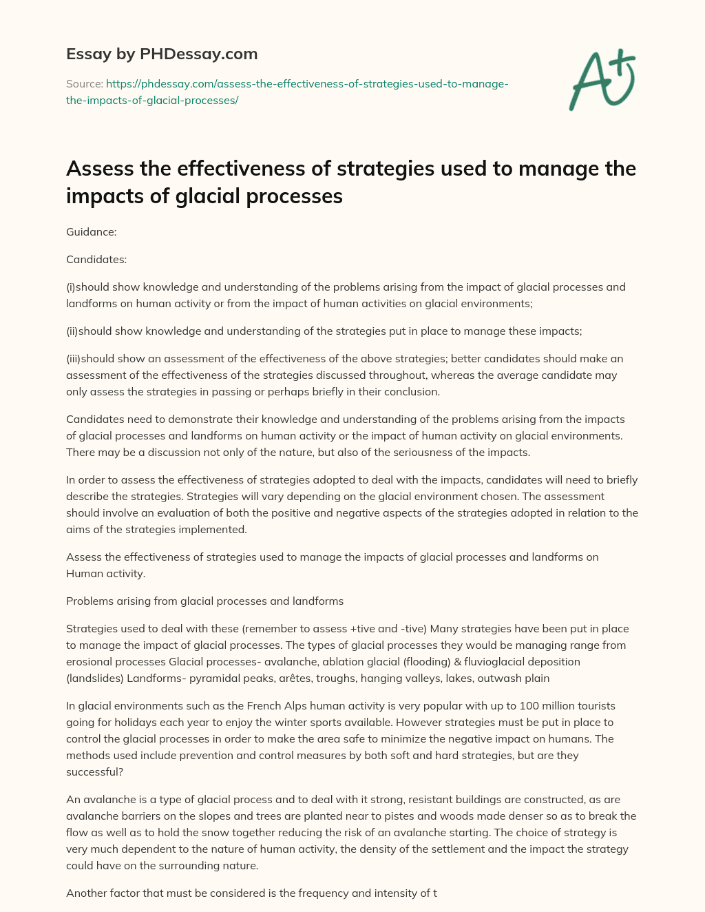 Assess the effectiveness of strategies used to manage the impacts of glacial processes essay