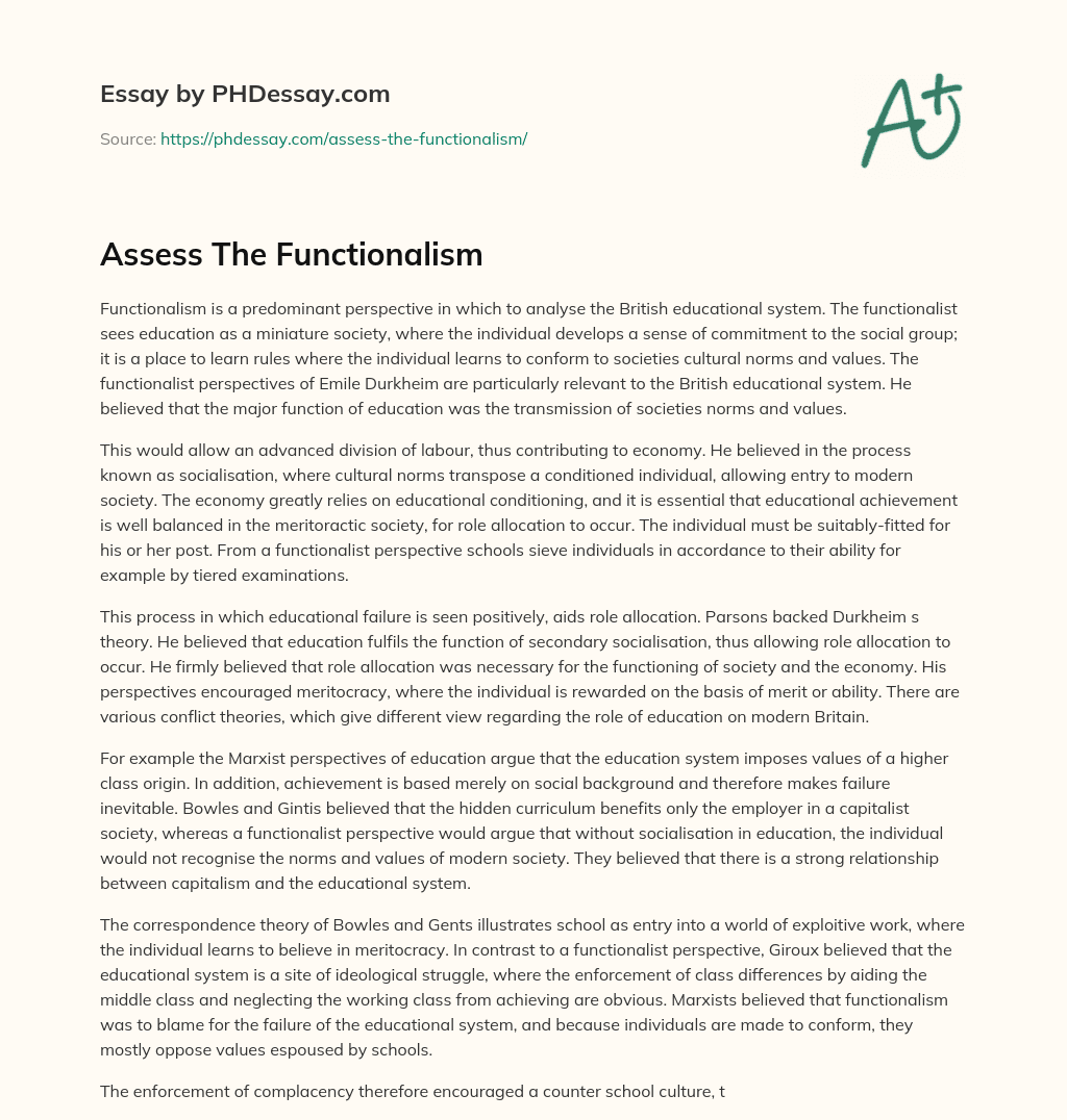 Assess The Functionalism essay
