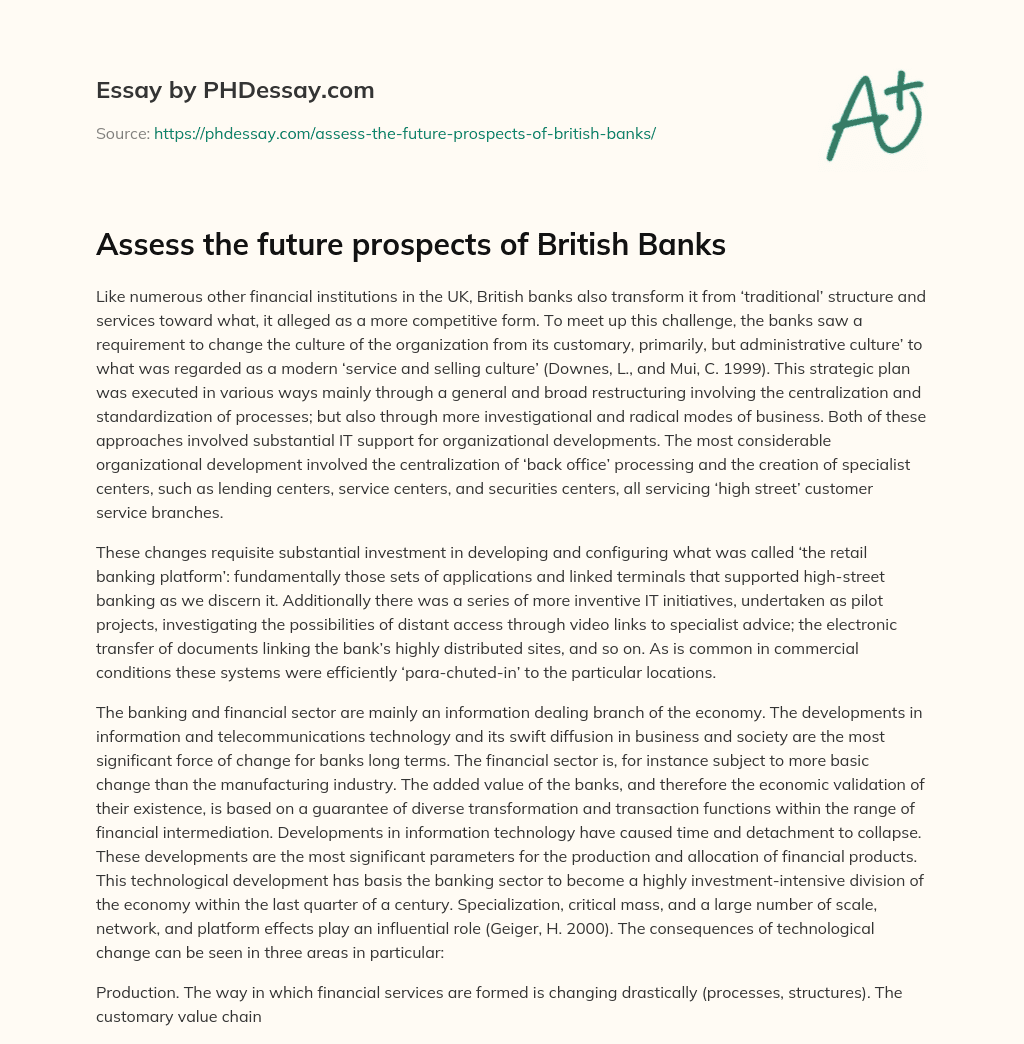 Assess the future prospects of British Banks essay