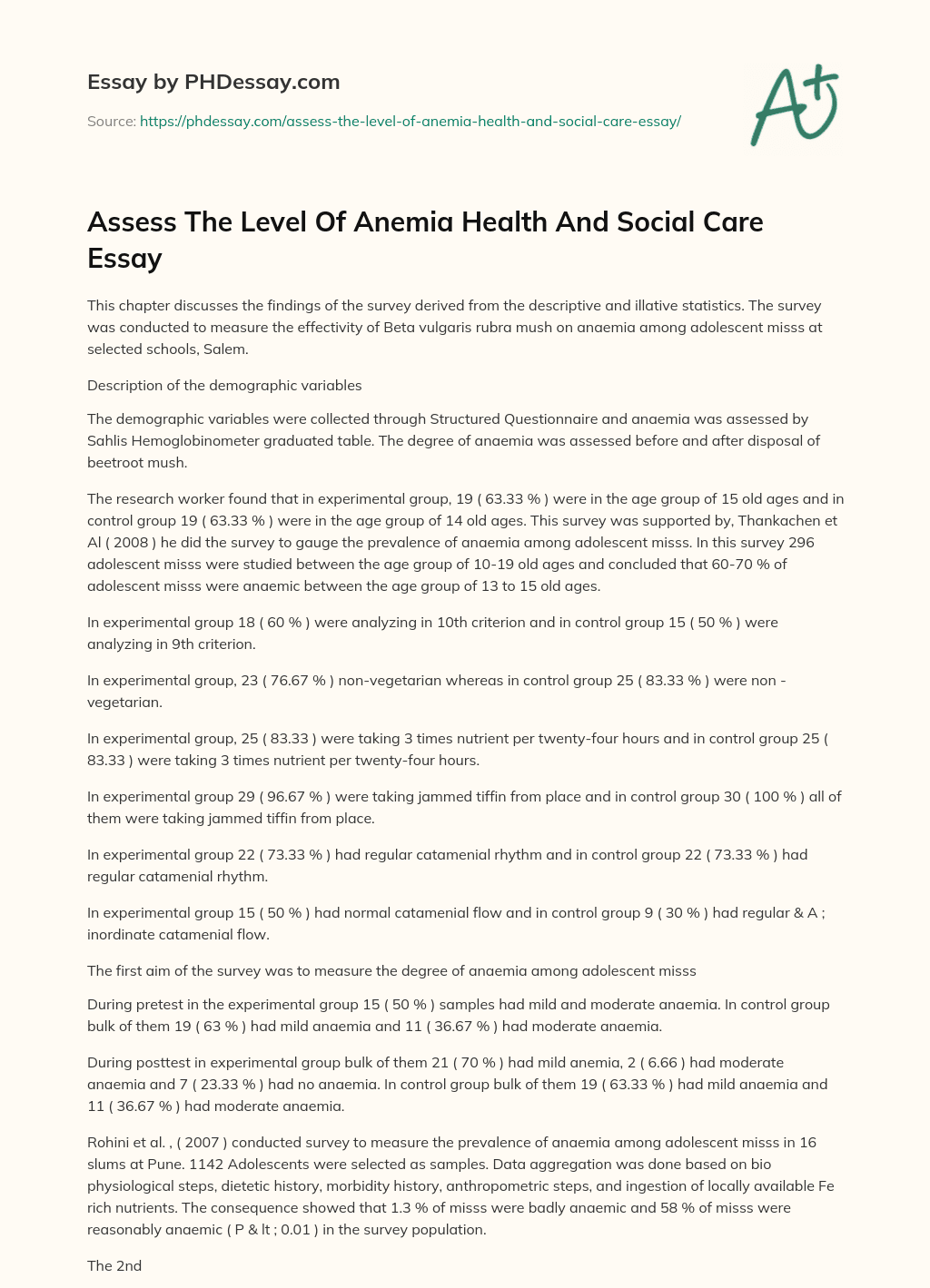 Assess The Level Of Anemia Health And Social Care Essay essay