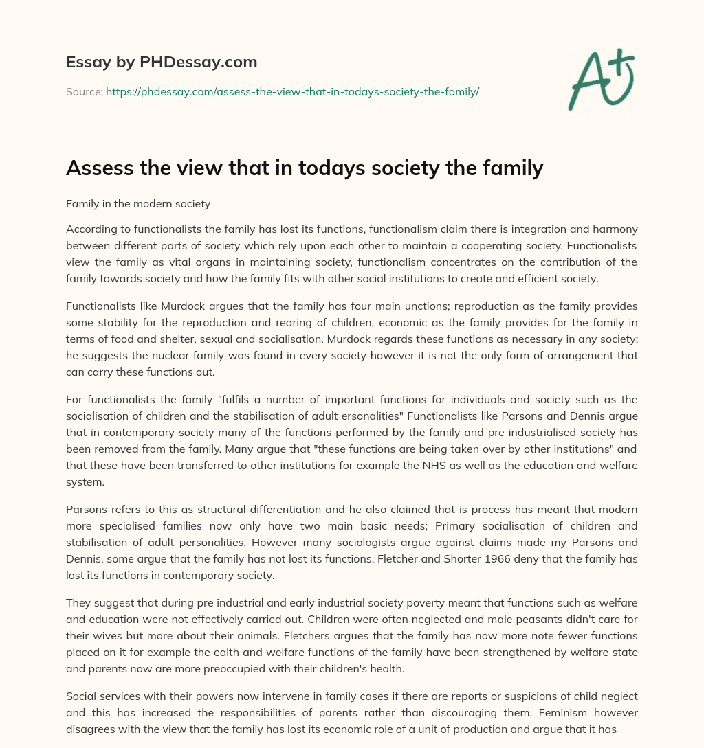 Assess the view that in todays society the family essay