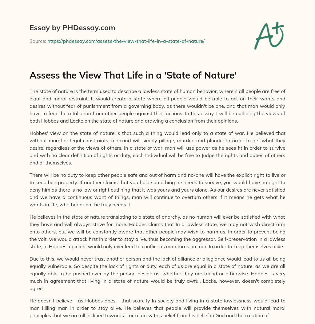 Assess the View That Life in a ‘State of Nature’ essay