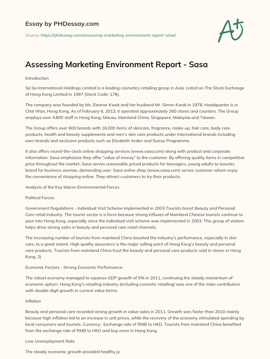 Assessing Marketing Environment Report – Sasa essay